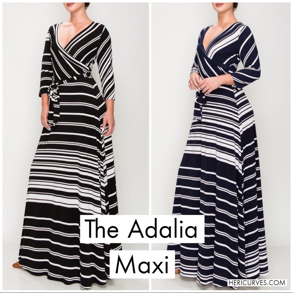 Plus Size Striped Maxi Dress in Navy or Black